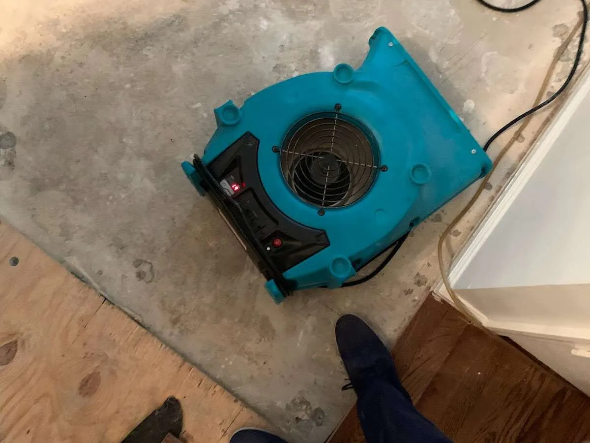 Air mover drying subfloor during Leak Detection & Repair in Greencastle